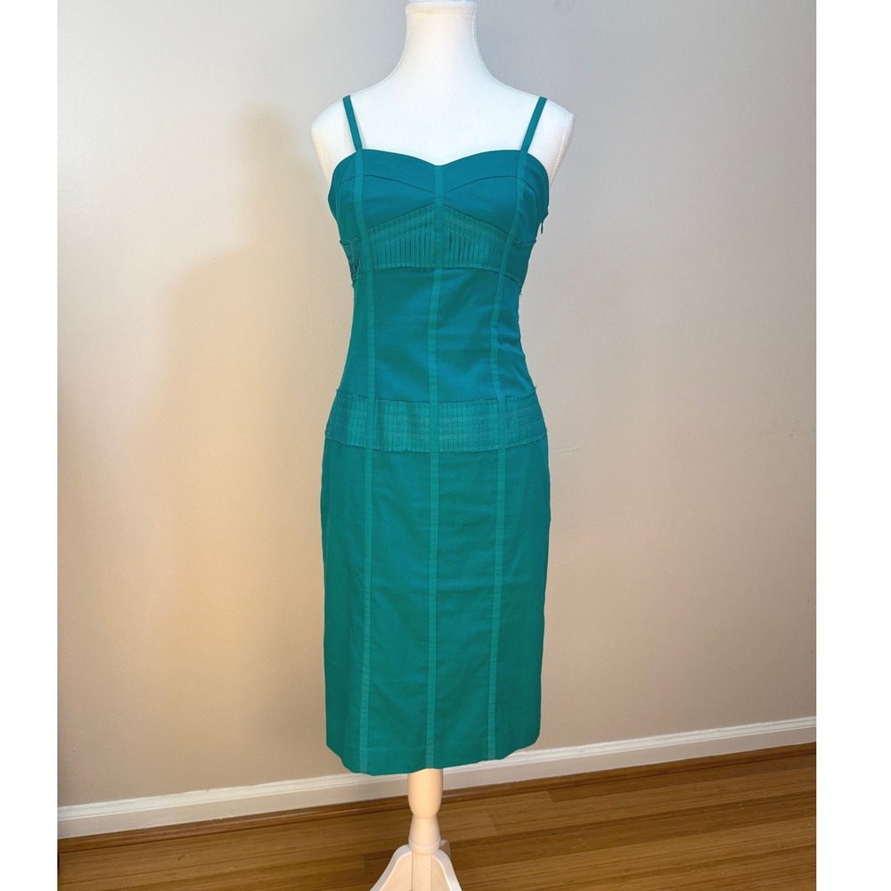 Reiss Jillie Sheath Dress 10 Teal Pleated Cotton Blend Midi Cocktail Architect
